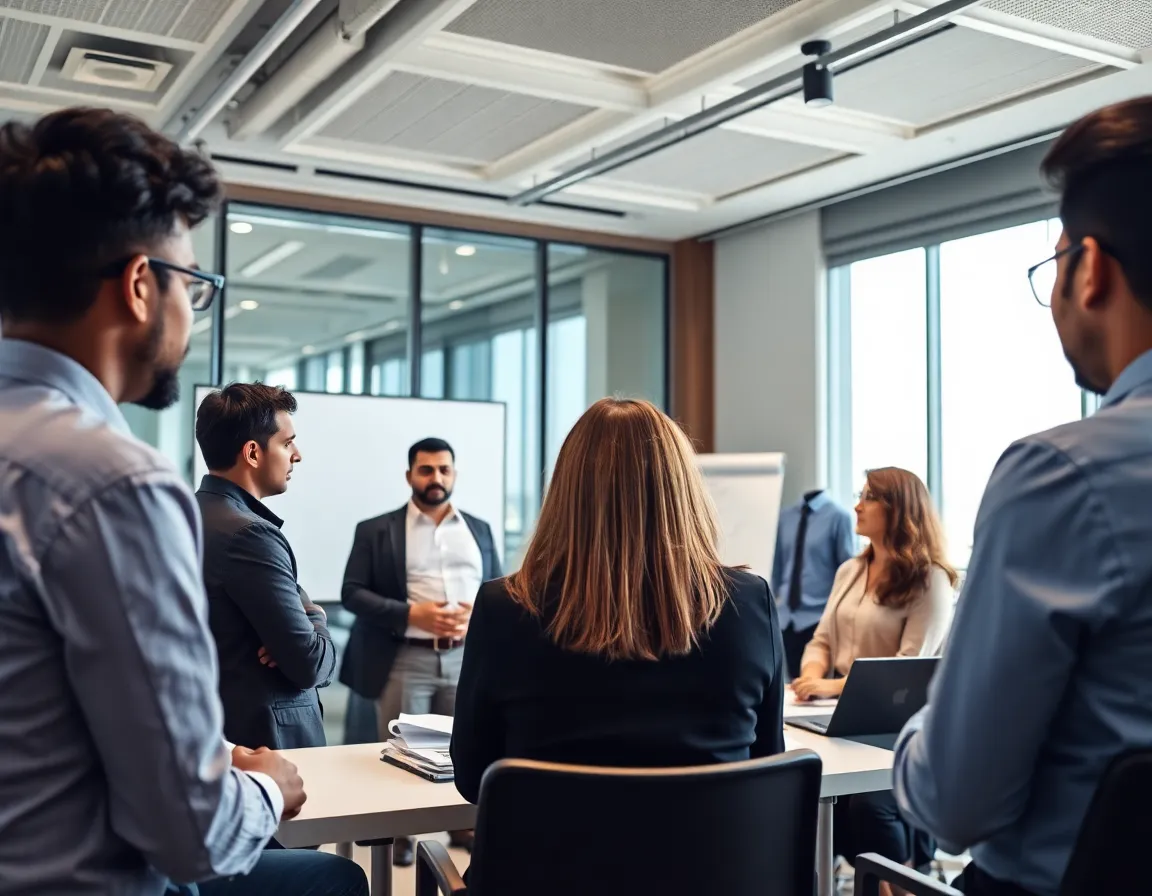 A diverse group of executives engaged in a dynamic leadership workshop in a modern corporate training room.