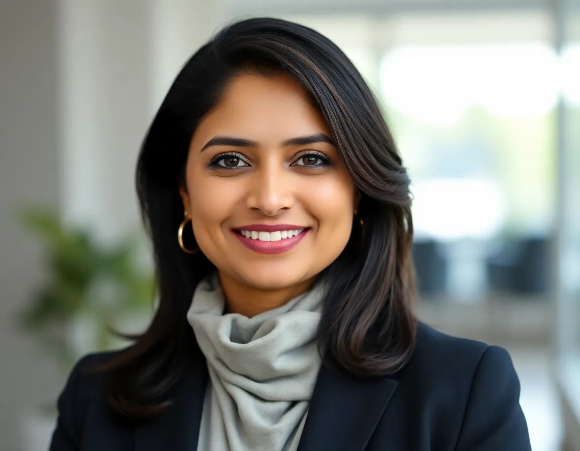 Headshot of Priya Sharma, a female executive with a confident smile.