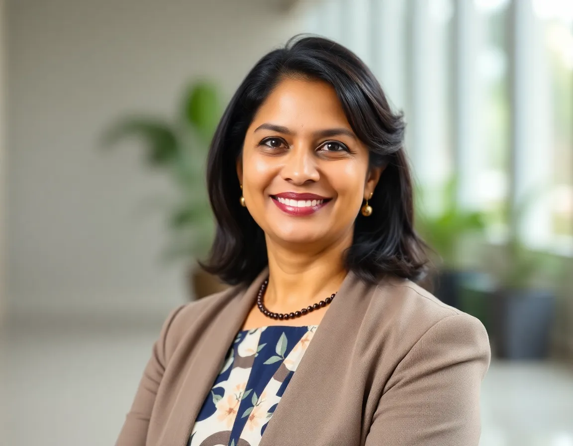 Professional headshot of Dr. Meera Krishnan, a warm and insightful female organizational psychologist.