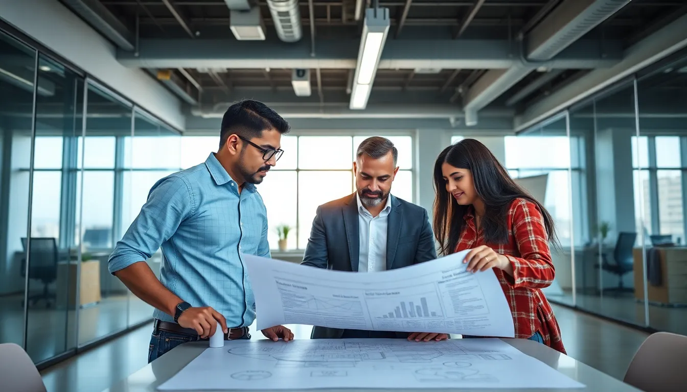 The founding team of PeakCatalyst Coaching collaborating around a blueprint in a modern, well-lit office space.